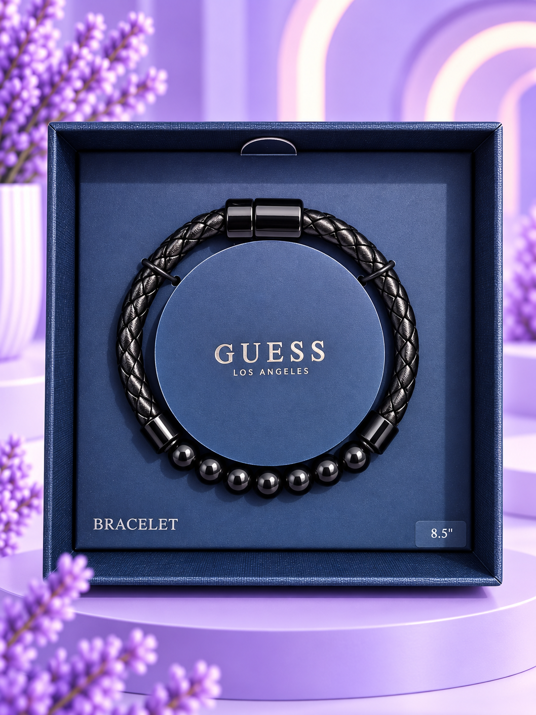 Pulsera negra tipo cuero y cuentas