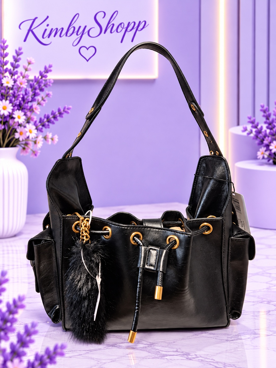 Bolso negro mediano con bolsillos